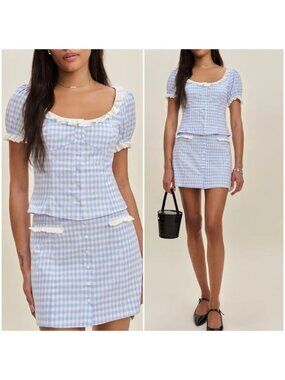 NEW Reformation Janell Two Piece Set Crystal Check Light Blue White | US 4 UK 8